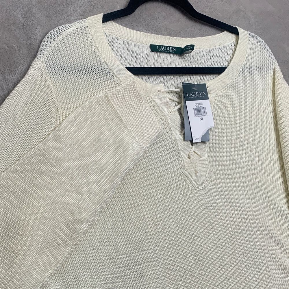 Lauren Ralph Lauren Knit Lace-Up Sweater XL Cream White Cotton Viscose NWT